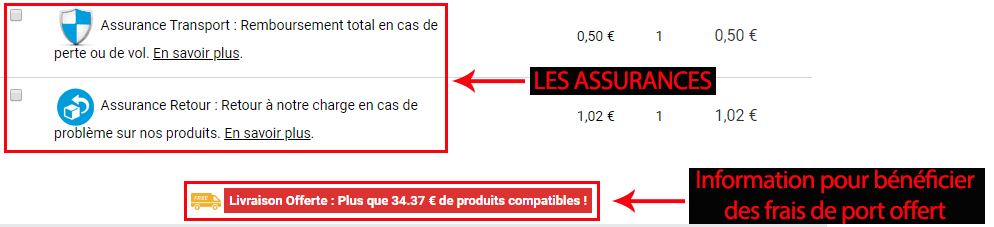 Panier : Assurances et frais de port offert