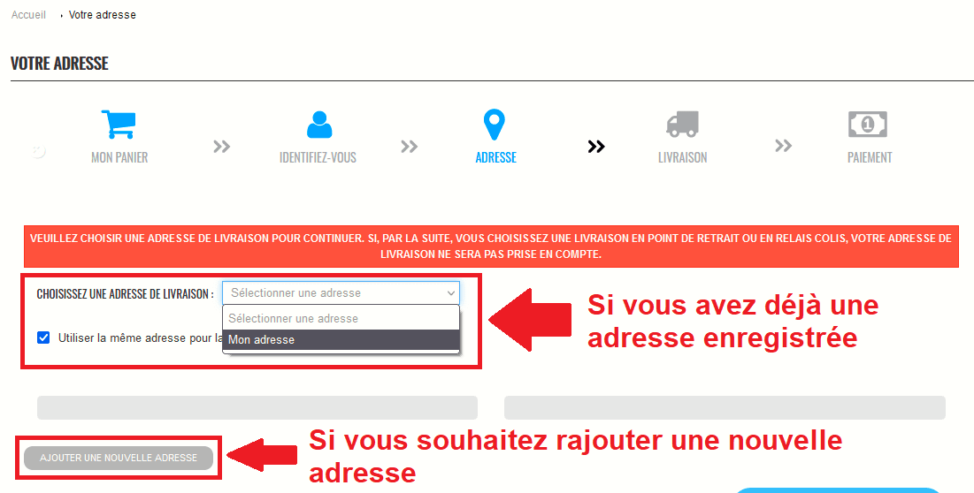 Selection de l'adresse de livraison et de facturation